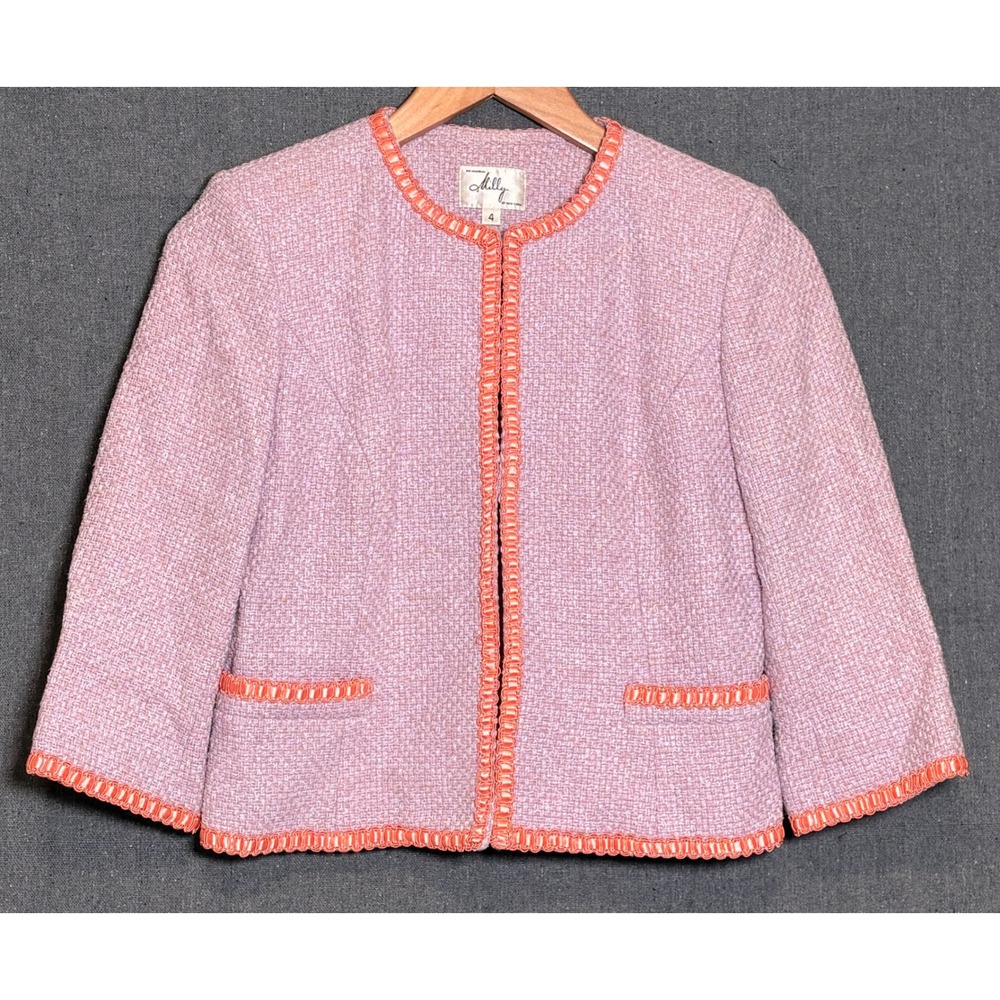 Milly of New York Lavender Pink Tweed Cropped Jacket Orange Trim Size 4 USA